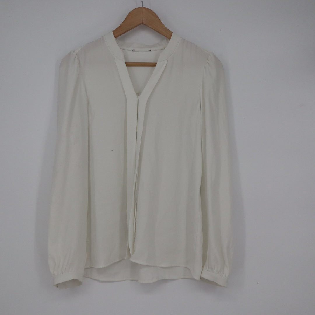 White Split V-Neck Long Sleeve Puff Shoulder Blouse Size M Made in Romania