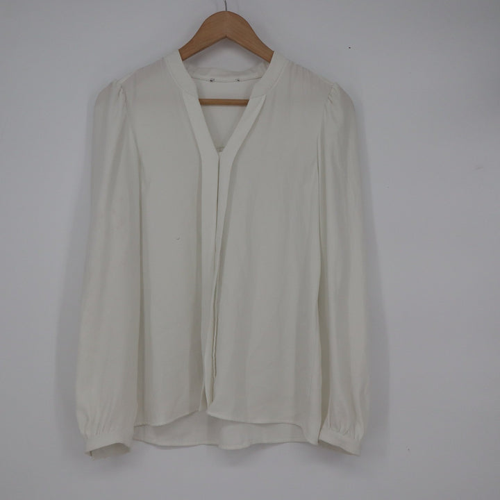 White Split V-Neck Long Sleeve Puff Shoulder Blouse Size M Made in Romania