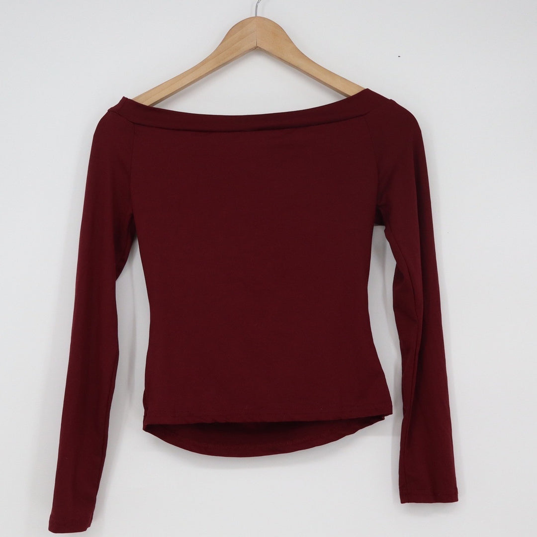SHEIN Burgundy Off the Shoulder Long Sleeve Top Slim Fit Knit Wine Red Medium
