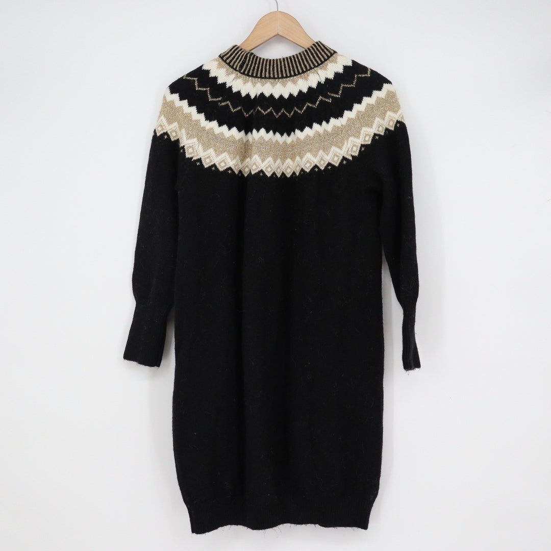 Ann Taylor Petite Black Gold Fair Isle Metallic Knit Sweater Dress MP