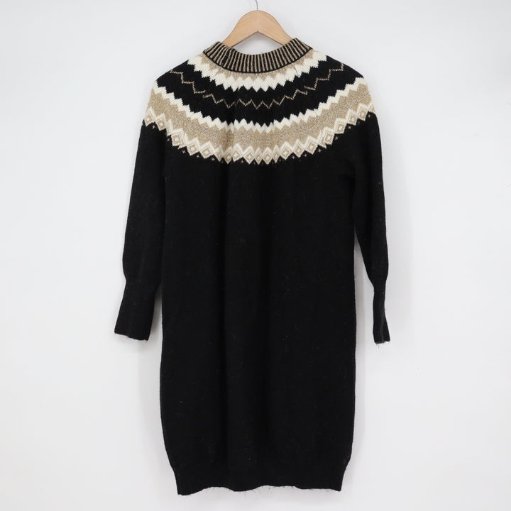 Ann Taylor Petite Black Gold Fair Isle Metallic Knit Sweater Dress MP