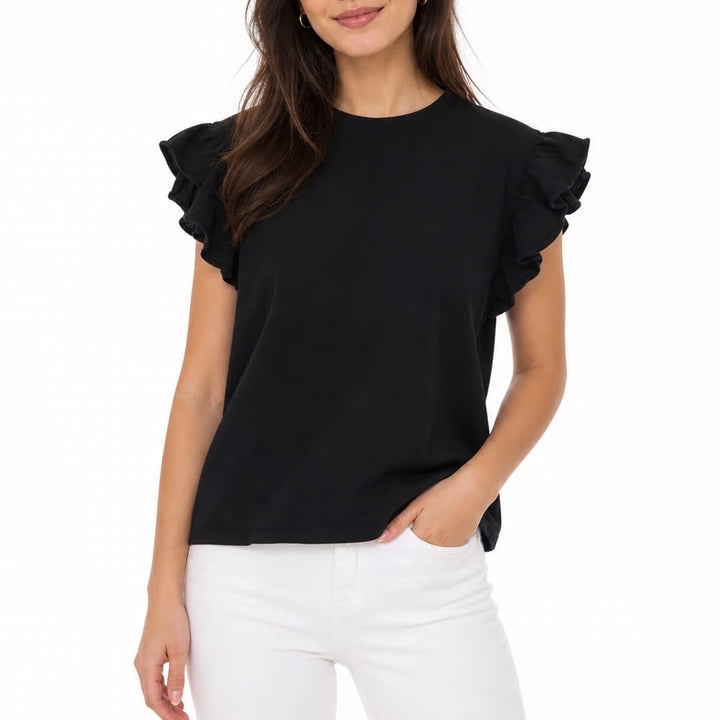 Zara Black Ruffle Sleeve Knit Top Crew Neck Flutter Cap Sleeve Tee