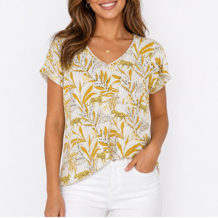 t.la Anthropologie Cheetah Palm Print V-Neck T-Shirt Yellow White XS Slub Knit