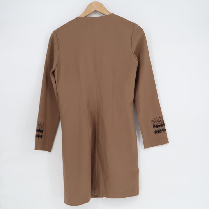 Armaghan Tan Heart Embroidered Open Front Duster Jacket Brown Womens Medium