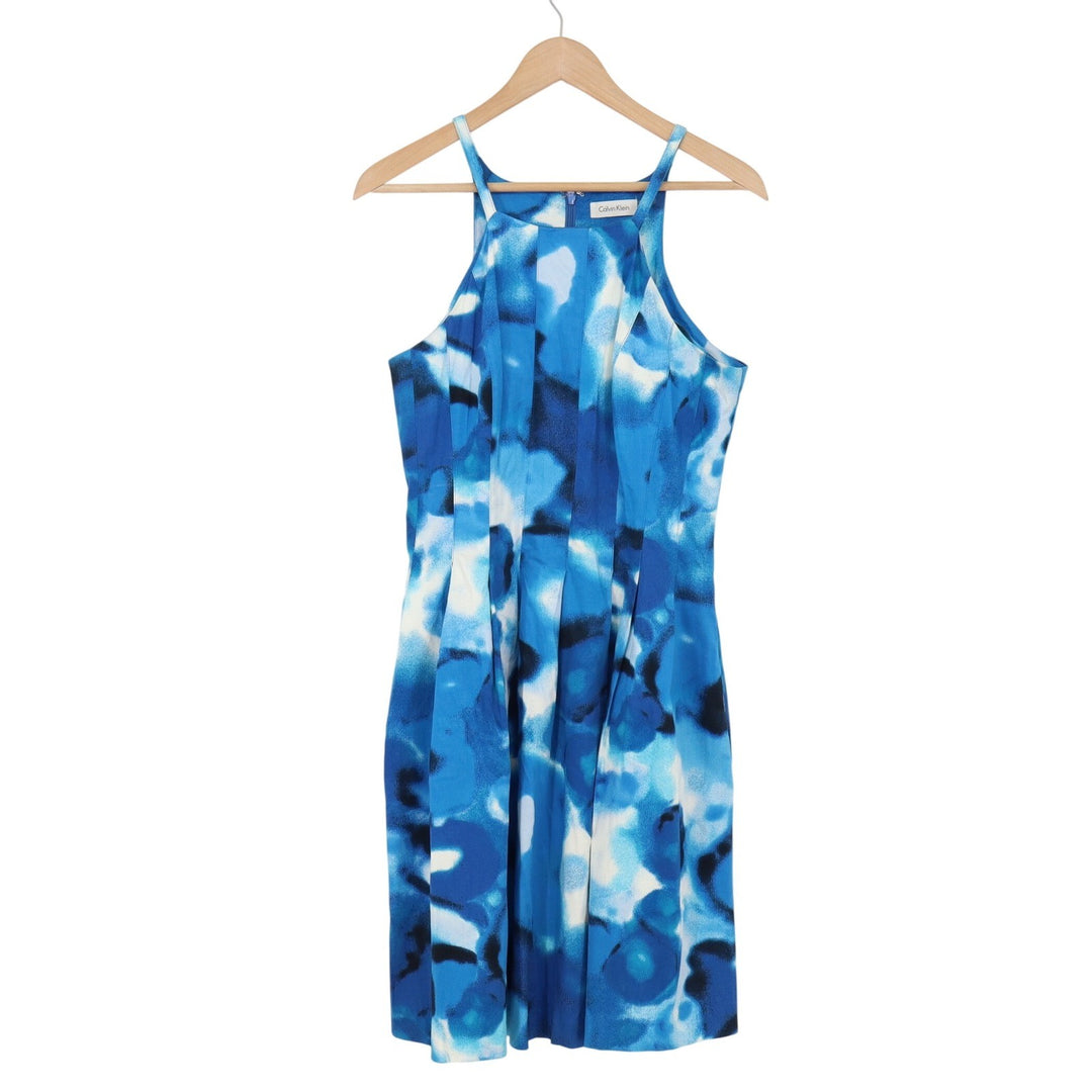 Calvin Klein Dress Womens 8 Halter Sheath Blue White Abstract Floral Excellent