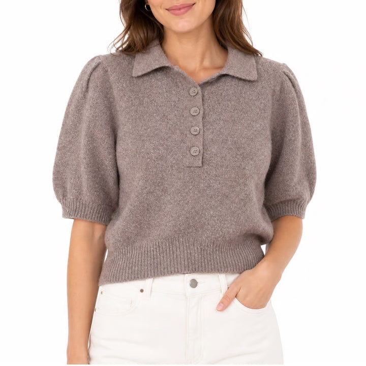 A New Day Womens XS Taupe Brown Marl Short Puff Sleeve Polo Sweater Collared Top