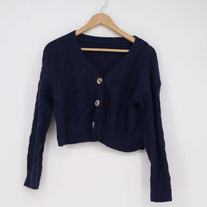 SHEIN Navy Blue Cable Knit Cropped Cardigan V-Neck Button Front Sweater Size M