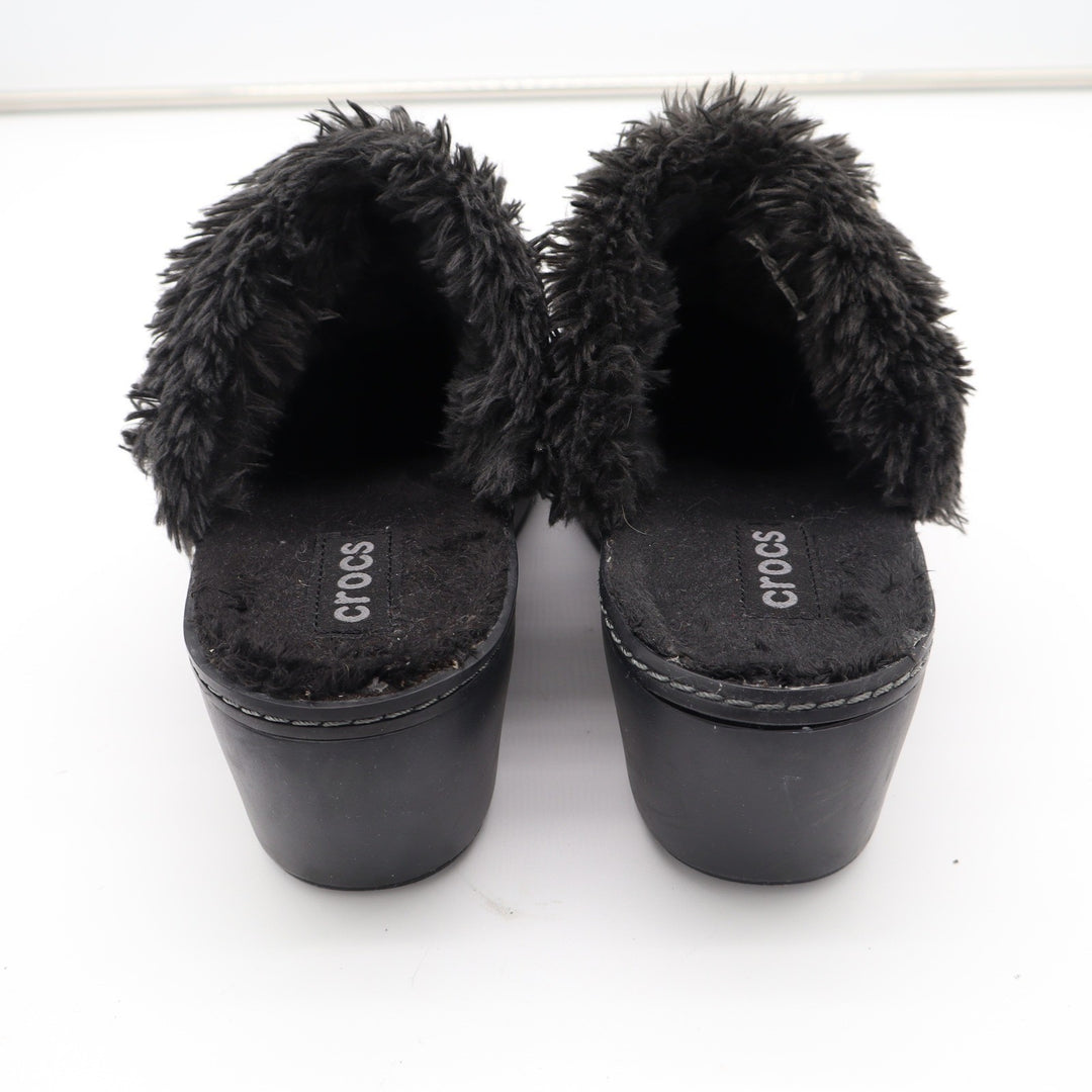 Crocs Sarah Fuzz Lined Clog Black Faux Fur Wedge Mules Womens Size 8