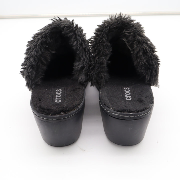 Crocs Sarah Fuzz Lined Clog Black Faux Fur Wedge Mules Womens Size 8