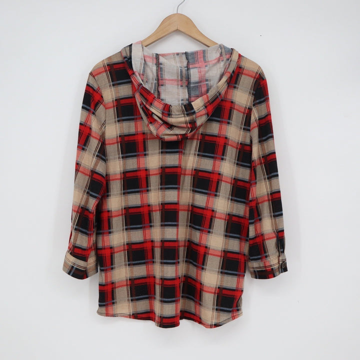 Eden & Olivia Red Plaid Henley Hoodie 3/4 Roll Tab Sleeve Top Womens Large