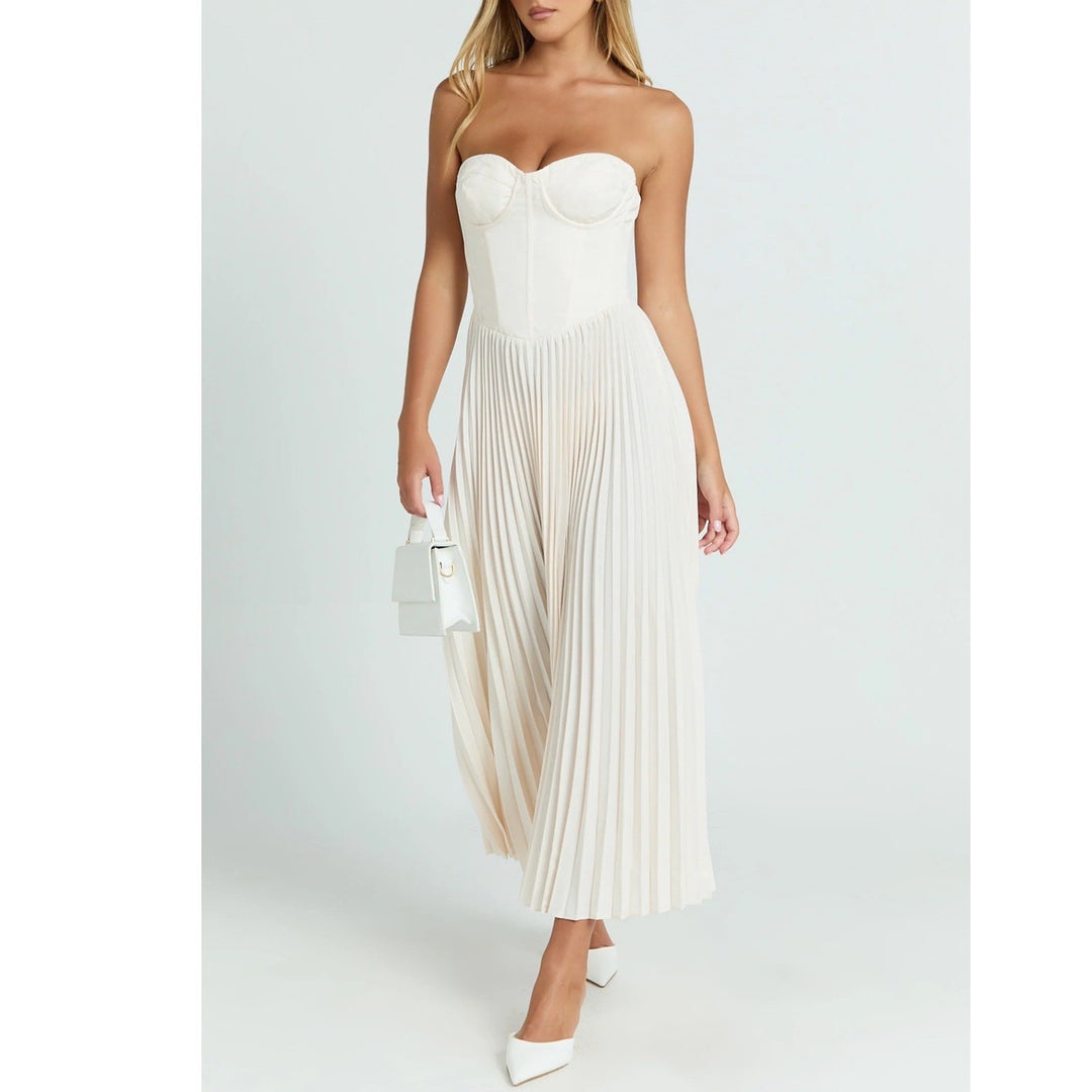 Showpo Loretta Midi Dress Cream Lace Up Back Bustier Pleated Strapless Size 4