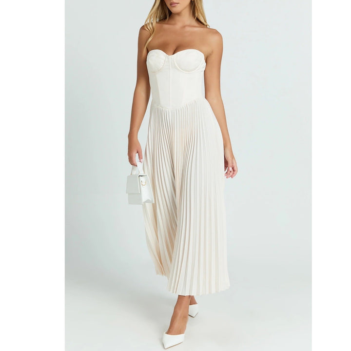 Showpo Loretta Midi Dress Cream Lace Up Back Bustier Pleated Strapless Size 4