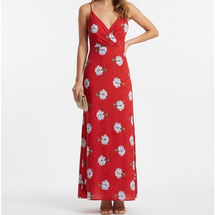 Lush Maxi Dress Women Small Red Floral Sleeveless Surplice Neck Chic Boho Summer