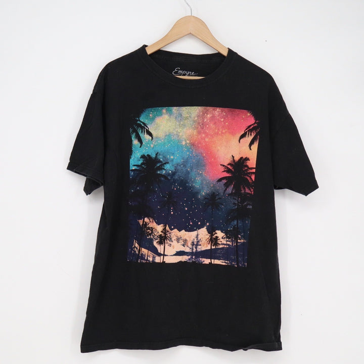 Empyre Mens Large Black Galaxy Palm Tree Mountain Graphic T-Shirt Cotton L
