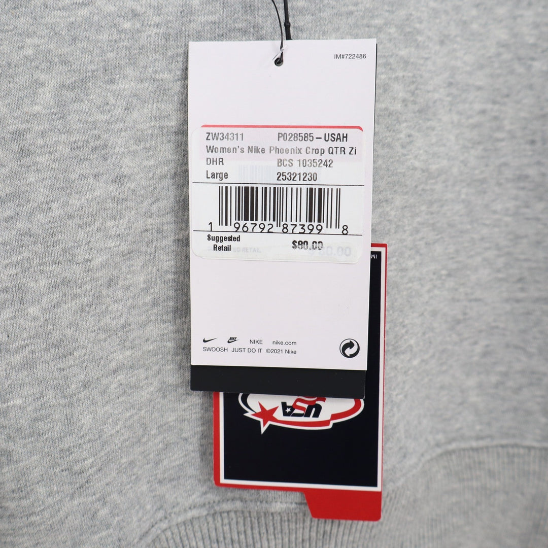 Nike Women Phoenix Crop QTR Zi USA Hockey Grey Fleece Pullover Large