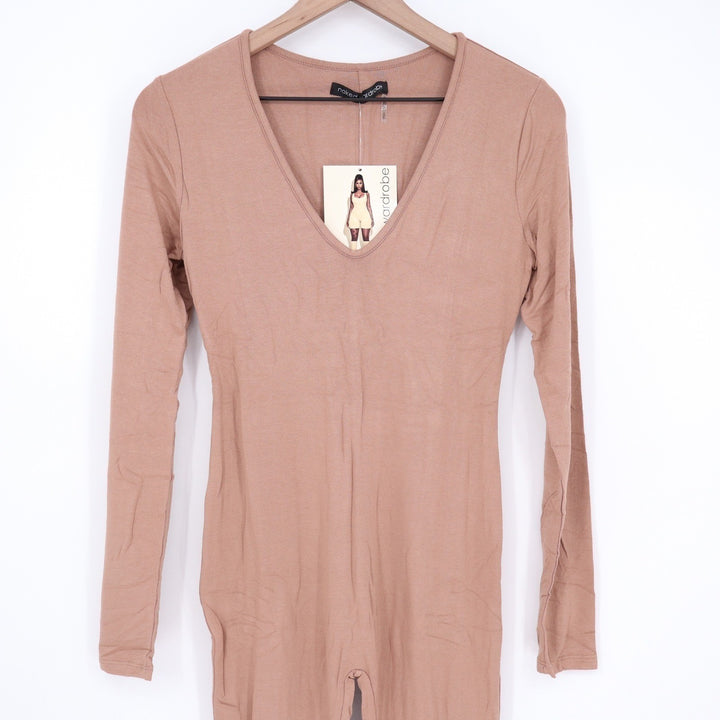 Naked Wardrobe Long Sleeve V-Neck Jumpsuit Tan Brown Size M