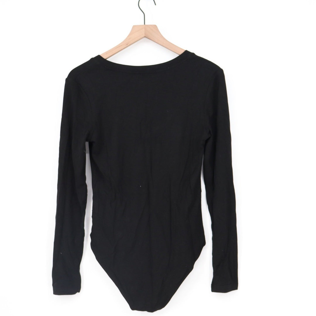 Mangopop Black Ribbed Knit Long Sleeve V-Neck Bodysuit Large