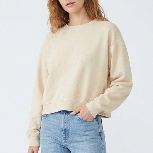 Zara Crop Sweatshirt Women's Medium Beige Stretch Long Sleeve Crew Neck Pullover