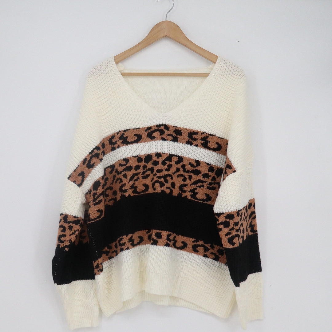 Shein Curve 2XL Leopard Print Colorblock V-Neck Sweater White Black Brown