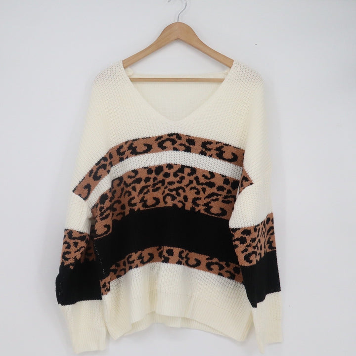 Shein Curve 2XL Leopard Print Colorblock V-Neck Sweater White Black Brown