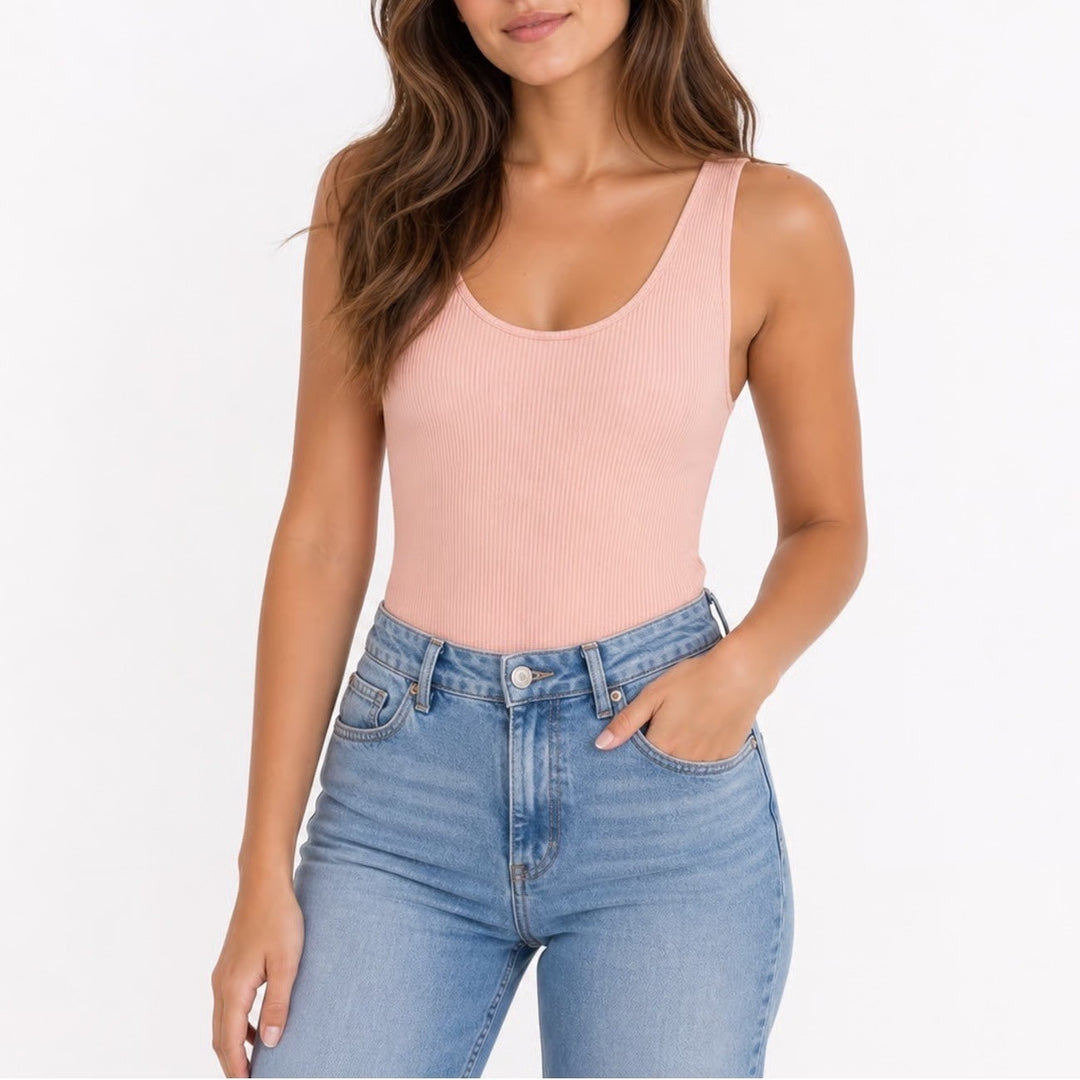 Forever 21 Peach Pink Ribbed Knit Sleeveless Scoop Neck Bodysuit Womens Size M