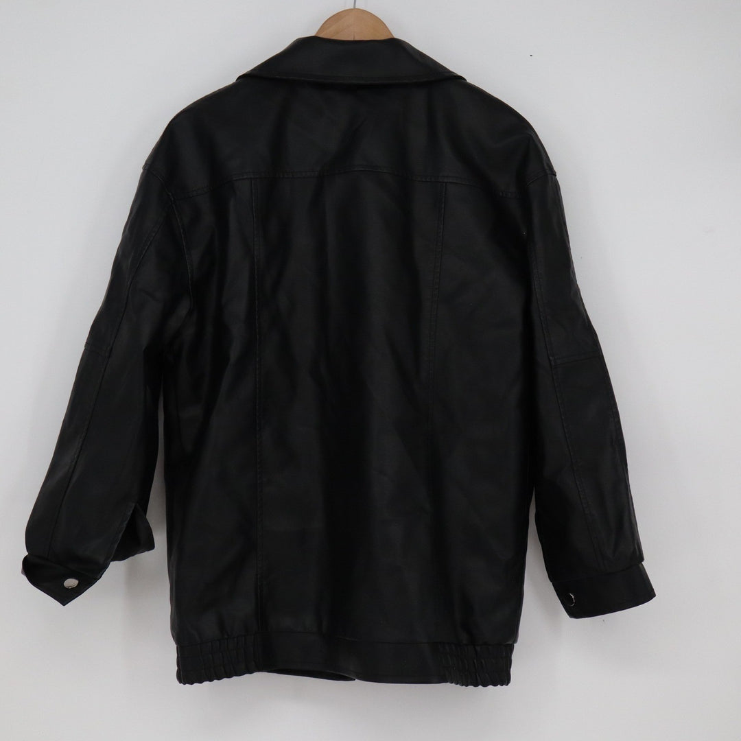 Mens Black Faux Leather Bomber Jacket Full Zip Collared Elastic Hem Small