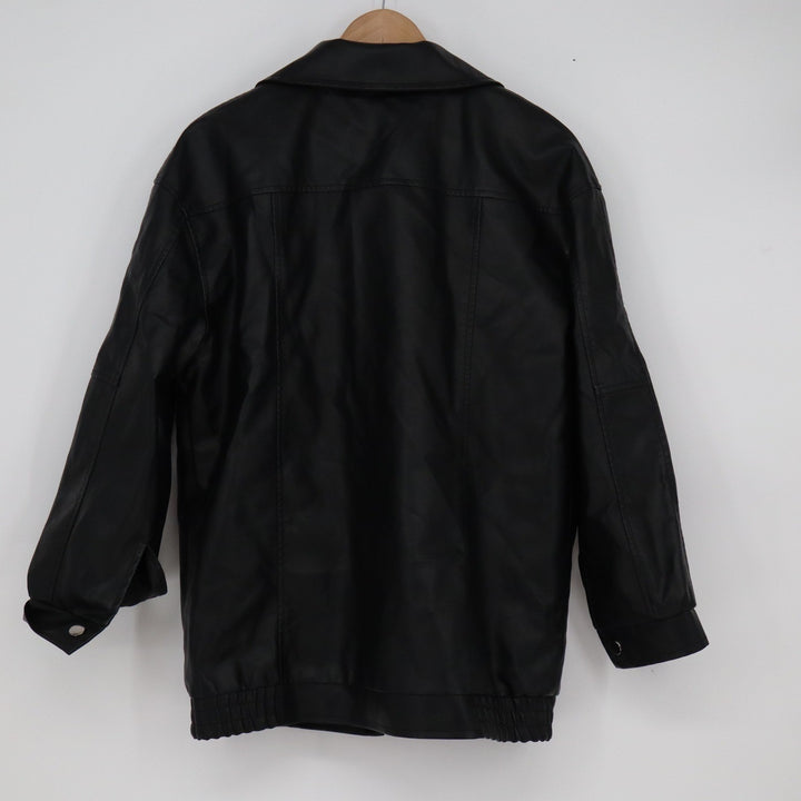 Mens Black Faux Leather Bomber Jacket Full Zip Collared Elastic Hem Small