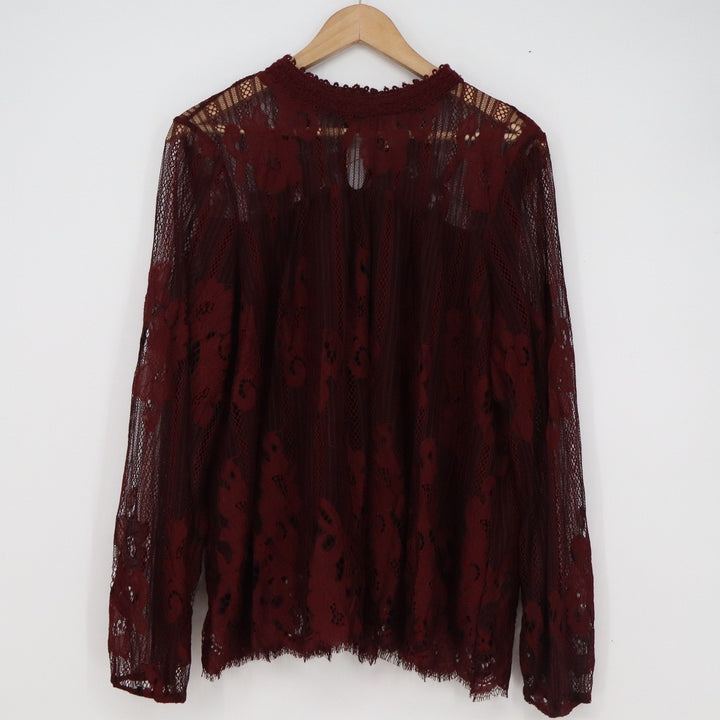 Xhilaration Womens XL Burgundy Floral Lace Mock Neck Long Sleeve Top Back