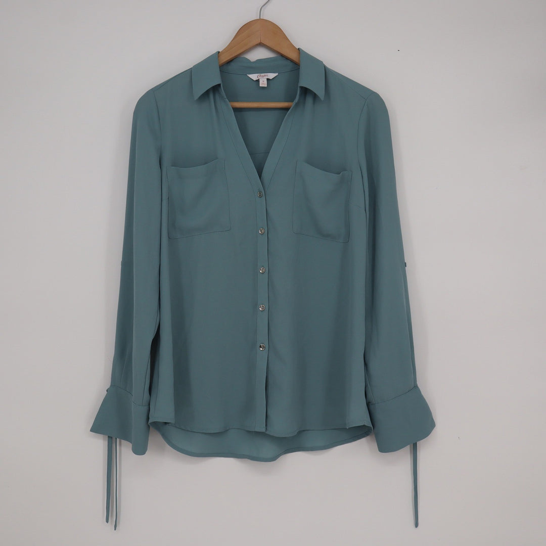 Candie's Womens Dusty Teal Button Down Blouse Tie Bell Cuff Long Sleeve Medium