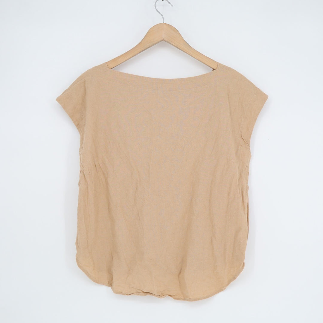 Ann Taylor Blouse Top Womens Small Beige Linen Cap Sleeve Curved Hem Office Wear