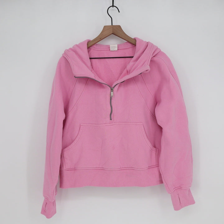 Pink Quarter Zip Hoodie Sweatshirt Thumbholes Kangaroo Pocket Large