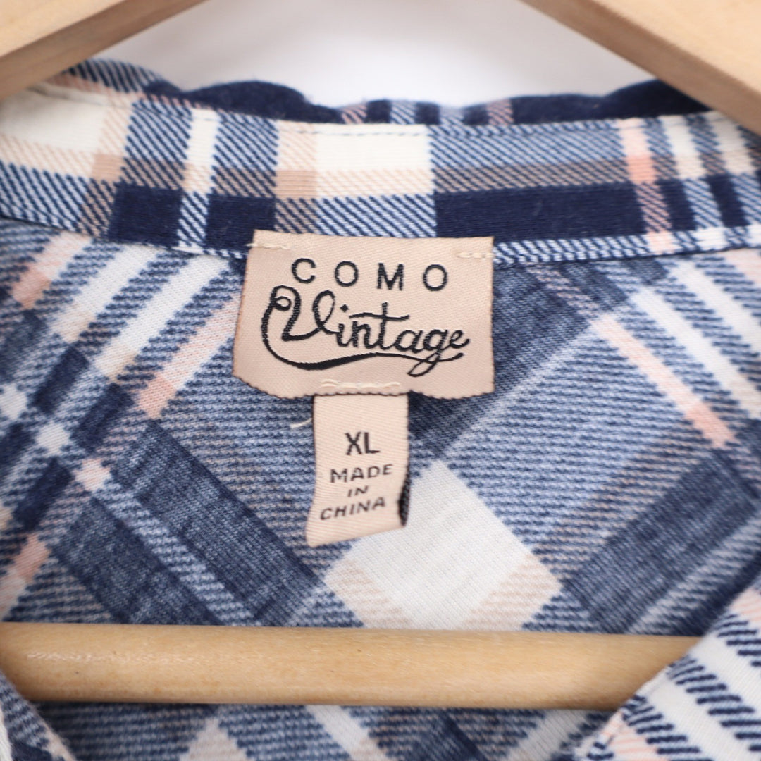 Como Vintage Womens XL Navy Blue Plaid Button Down Shirt Long Sleeve