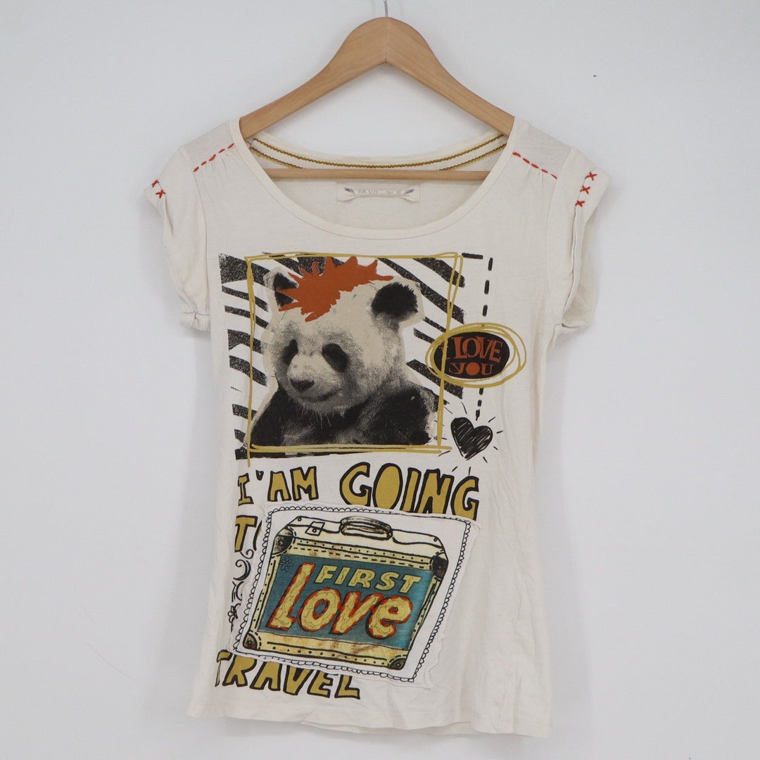 Bershka BSK Panda Mohawk First Love Travel Graphic Tee Cream Size L