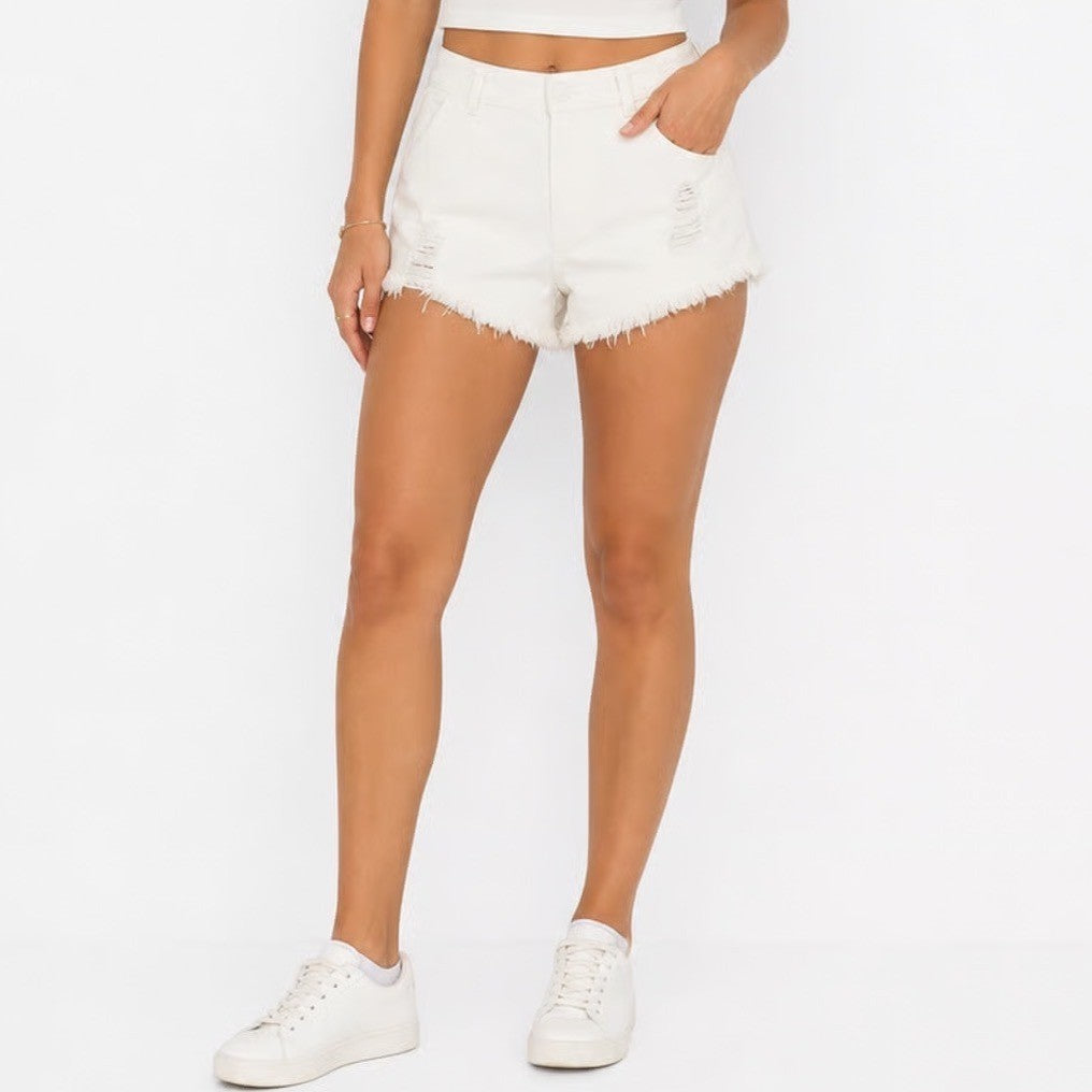 Aerie White Distressed Denim Shorts Frayed Raw Hem XS