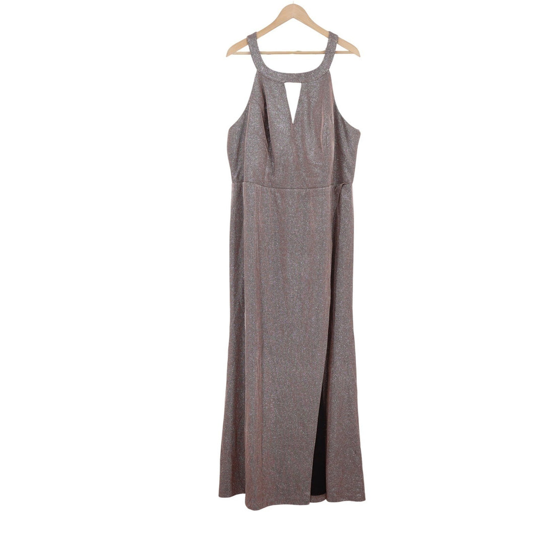 Morgan & Co Womens 22W Mauve Metallic Halter Keyhole Maxi Formal Gown