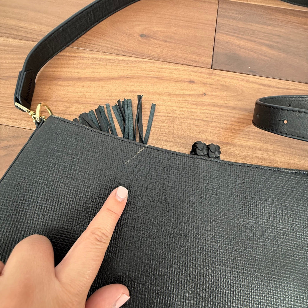 Stella Dot Hayes Tassel Hobo Black Textured Crossbody Shoulder Bag