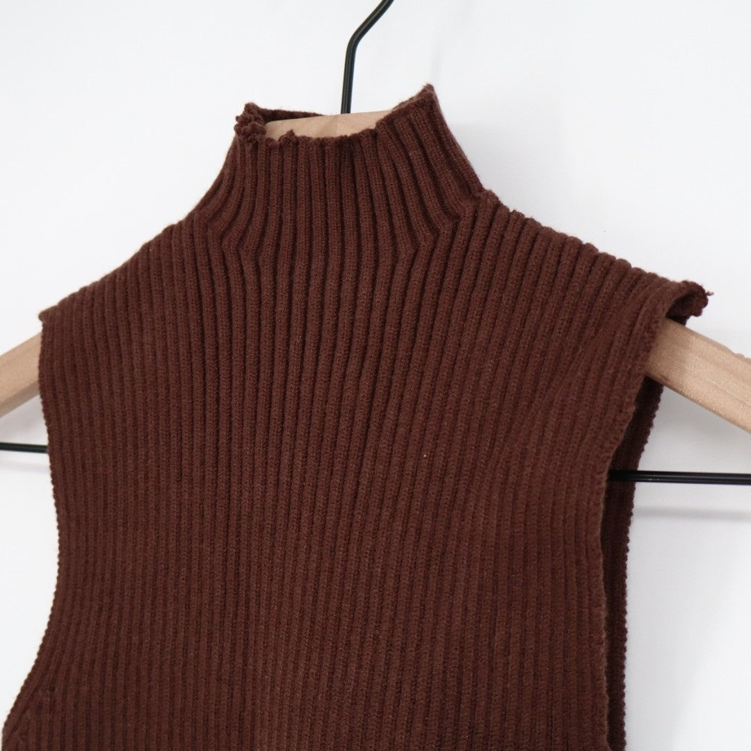 Zara Vest Sweater Women Small Brown Viscose Tight Knit Ribbed Mock Neck Pullover