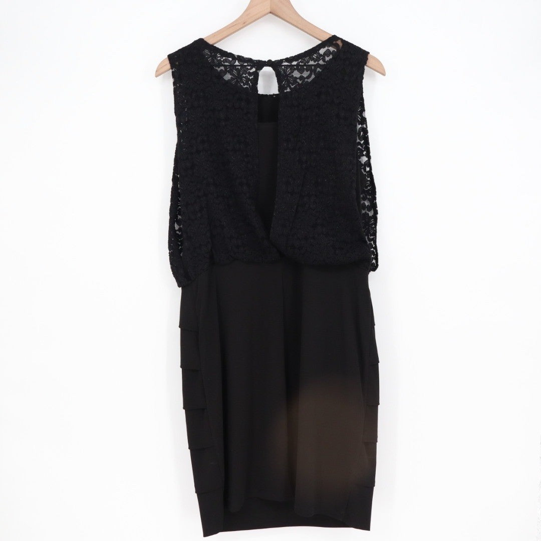 Valerie Bertinelli Black Lace Sheath Dress Keyhole Neck Tiered Skirt Size 12