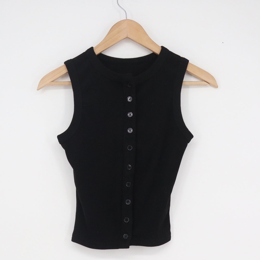 Matunana Black Ribbed Button Front Sleeveless Tank Top Size Small
