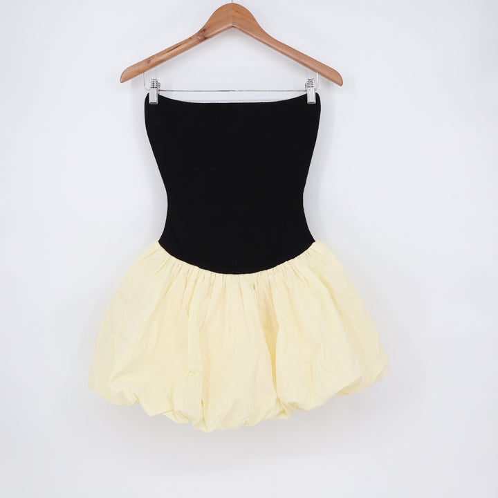 Showpo Harley Mini Dress Strapless Drop Waist Contrast Puff Skirt Black Cream 6