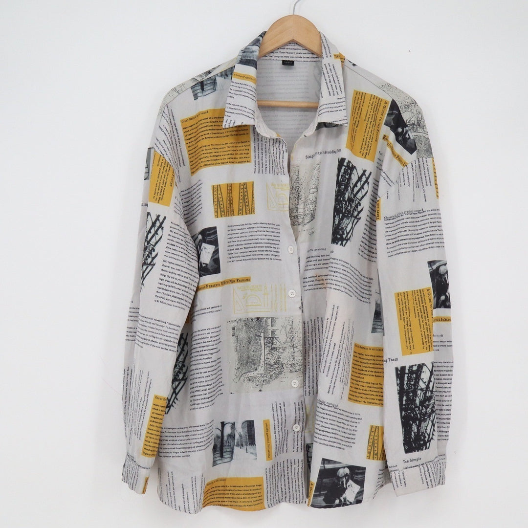 Shein Curve Newspaper Print Button Down Shirt Yellow White 2XL