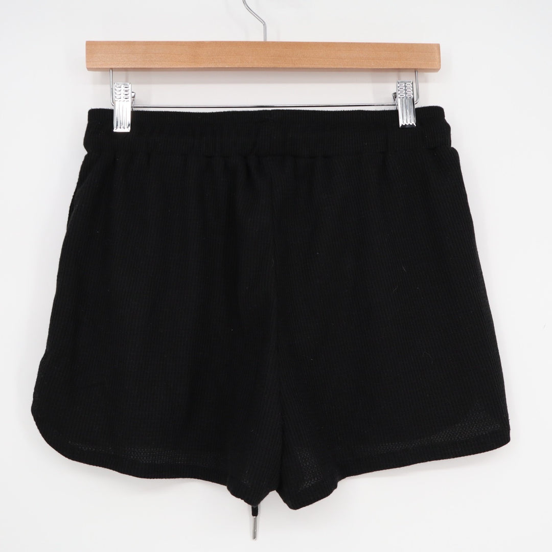 Shorts Womens Medium Black Waffle Knitted Ribbed Slash Pockets Drawstring Waist