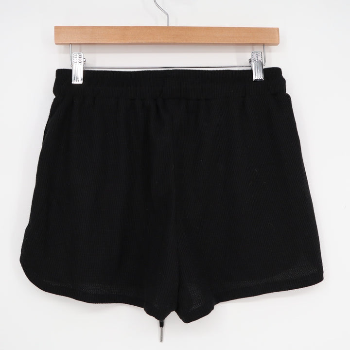 Shorts Womens Medium Black Waffle Knitted Ribbed Slash Pockets Drawstring Waist