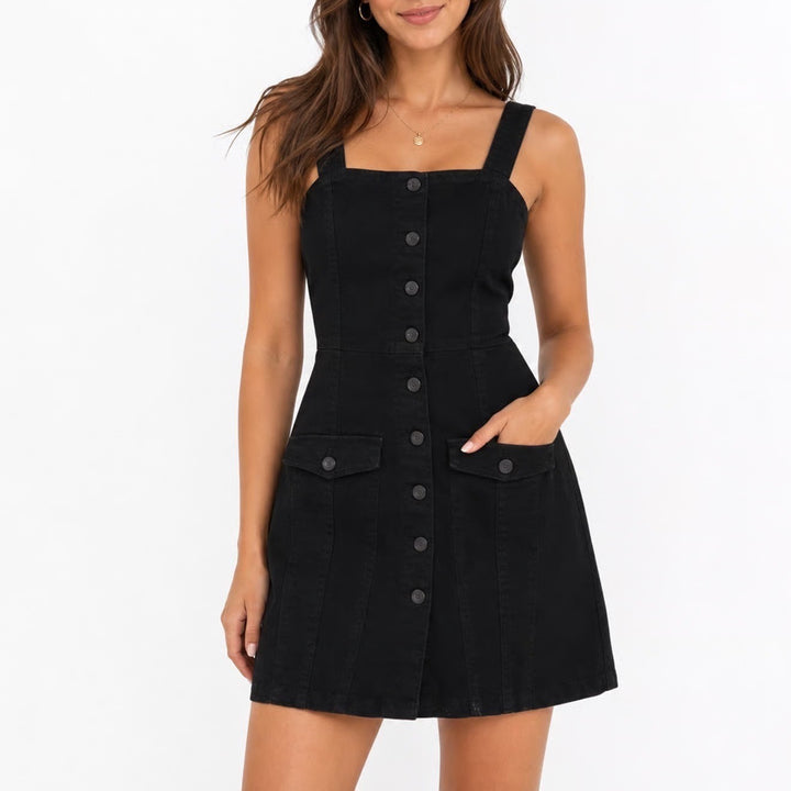 H&M Divided Black Denim Button Front Pinafore Mini Dress Small