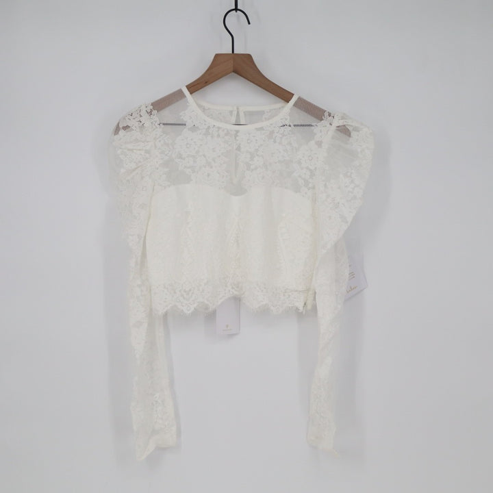 Lulus Heavenly Promise Crop Top Womens Medium White Sheer Lace Detail Round Neck