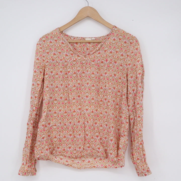 Gap Womens Small Pink Floral Block Print Long Sleeve Split V-Neck Blouse Top