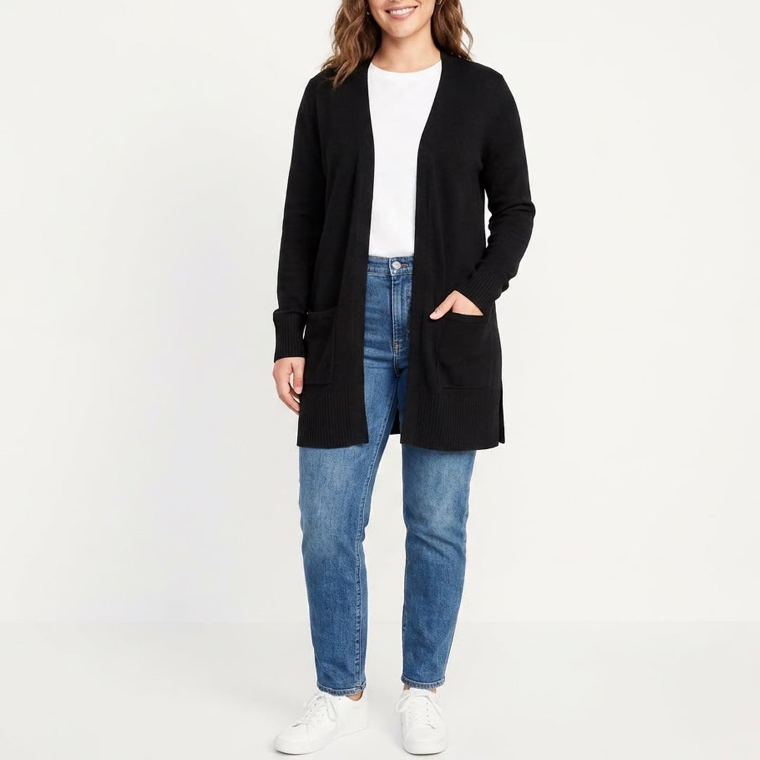 Old Navy Cardigan Sweater Womens Medium Black Knitted Stretch Open Front Pockets