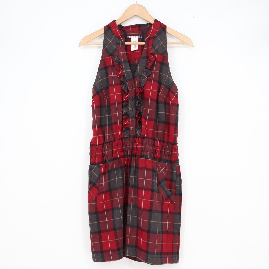 Red Plaid Ruffle V-Neck Sleeveless Mini Dress Racerback Pockets Size 6