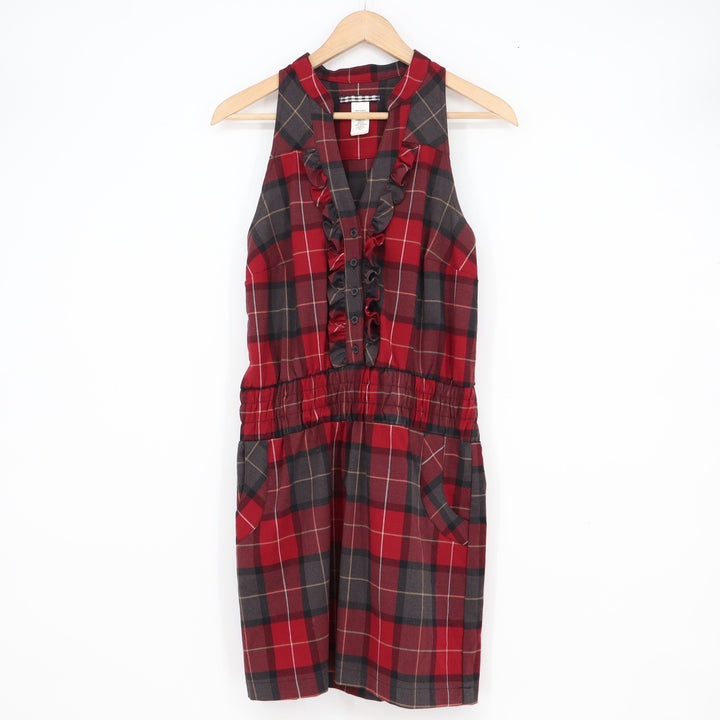 Red Plaid Ruffle V-Neck Sleeveless Mini Dress Racerback Pockets Size 6