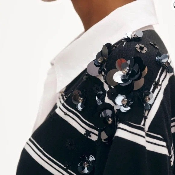Anthropologie Maeve It Girl Polo Top Womens XS Black White Striped Sequin Rugby